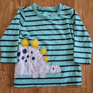 Pekkle Boy's Teal & Navy Stripe Dino Long Sleeved Shirt – Size 12 Months